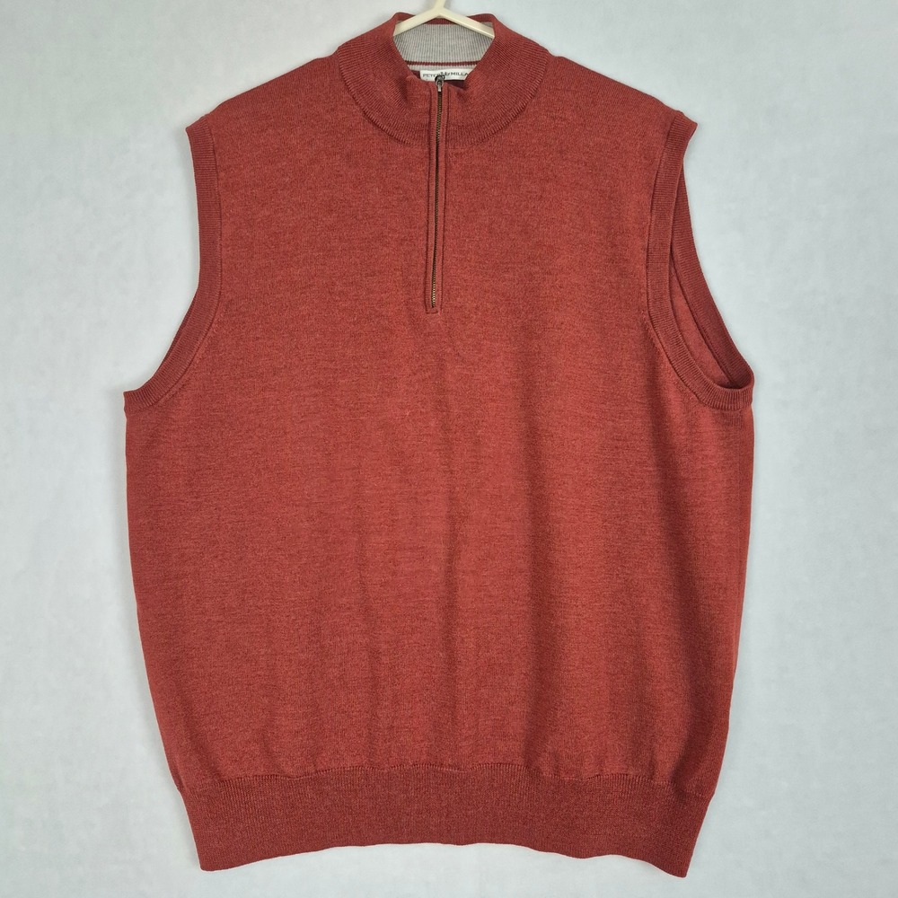 Peter Millar Mens XL Rust Red 100 Merino Wool Quarter Zip Sweater Vest Golf Fall